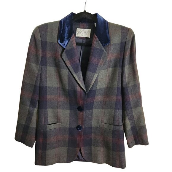 Lord & Taylor Vintage Stunning Wool Plaid Velvet Accent Blazer Size 2p - Picture 1 of 7
